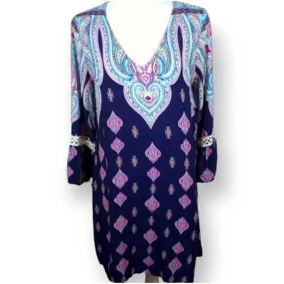 UMGEE USA BLUE & PINK BOHO-INSPIRED VNECK DRESS SZ.S EUC. - Picture 1 of 7